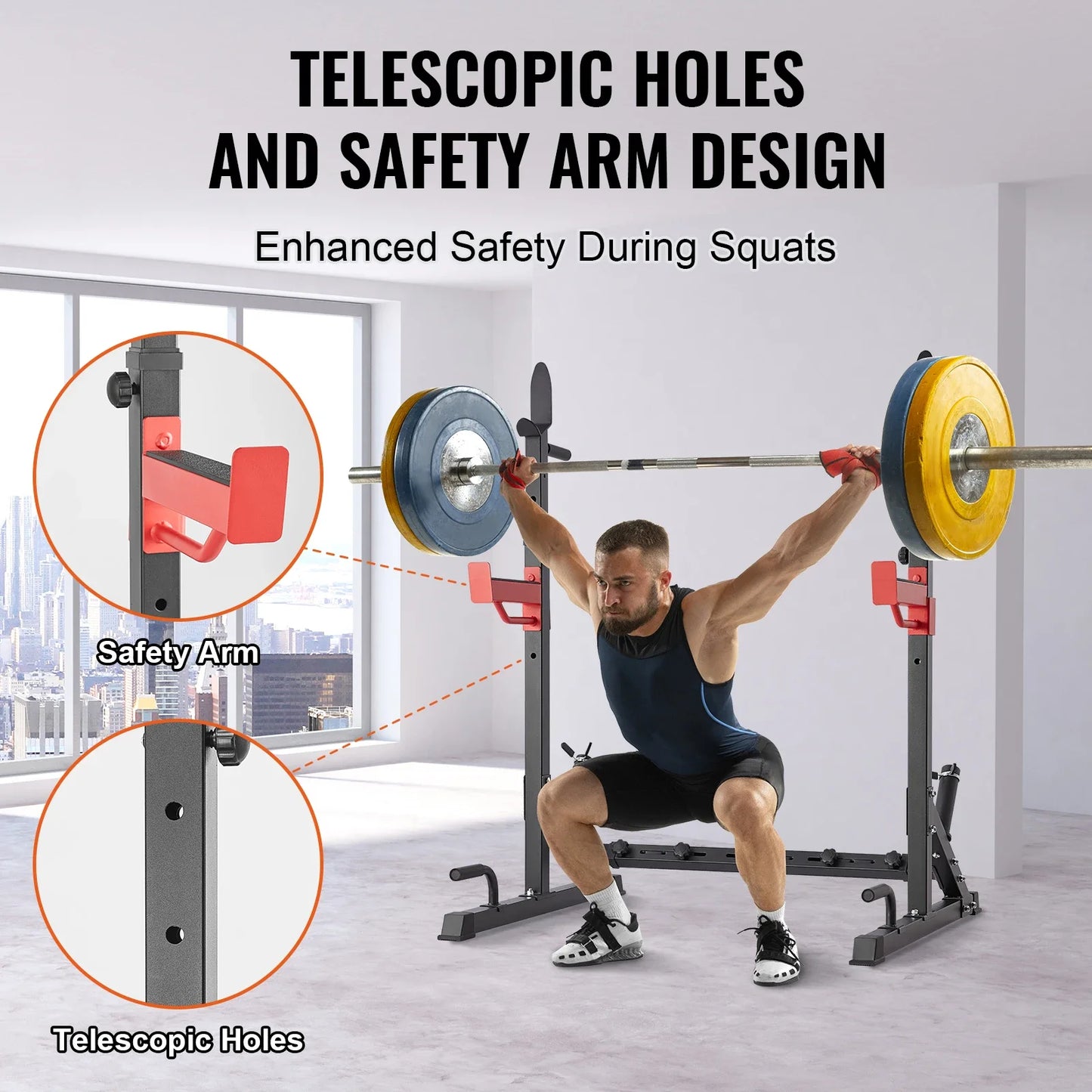 Squat Stand, Multifunctional, Barbell Rack with Hook, Weight Plate Storage, Free Bench Press Stands