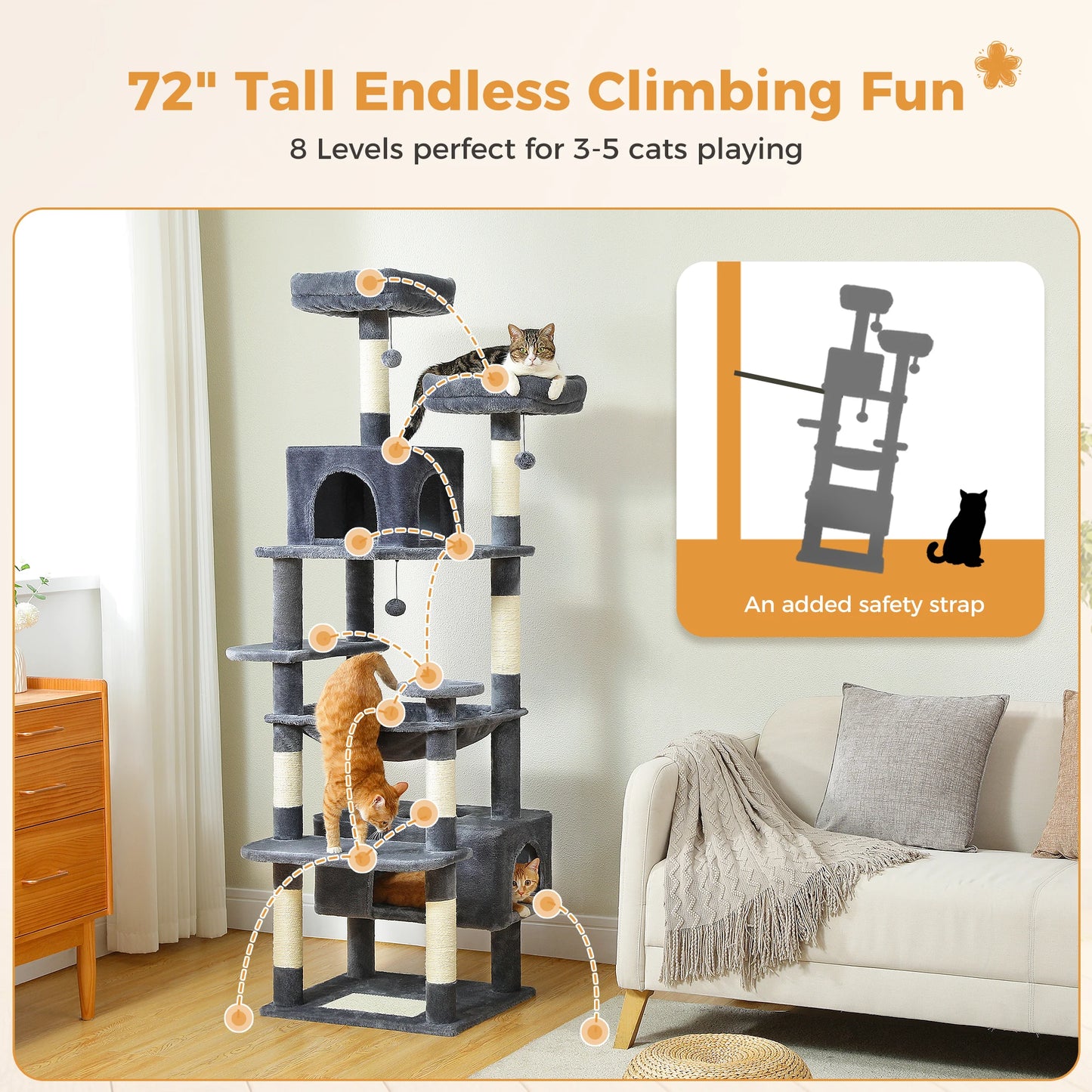 Tree Tower for Indoor Cats, Sisal-Covered Scratching Posts, Spacious Hammock, Padded Perches