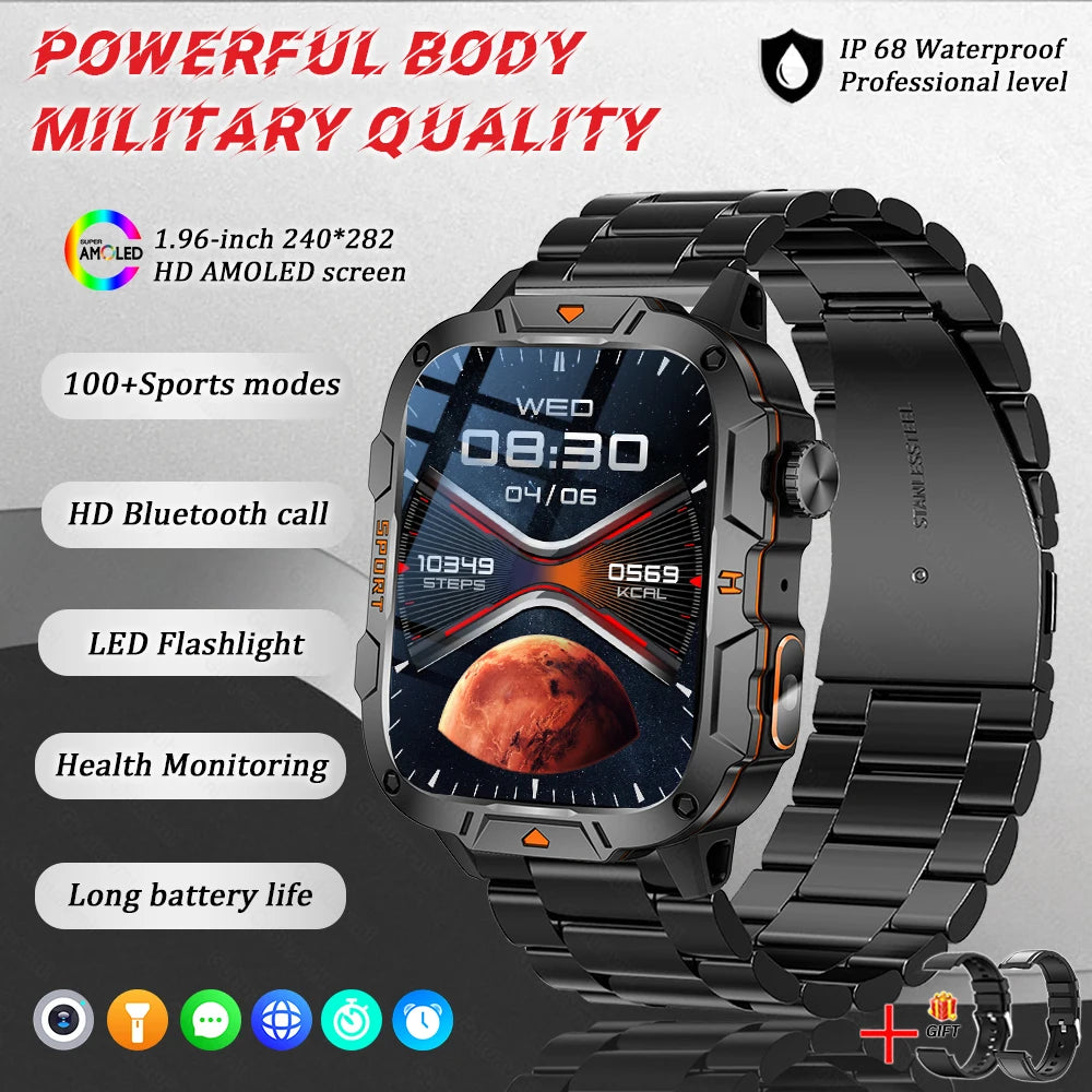 Military Grade Smart Watch Men, 1.96" AMOLED Screen, 5ATM Waterproof Sports Fitness Tracker