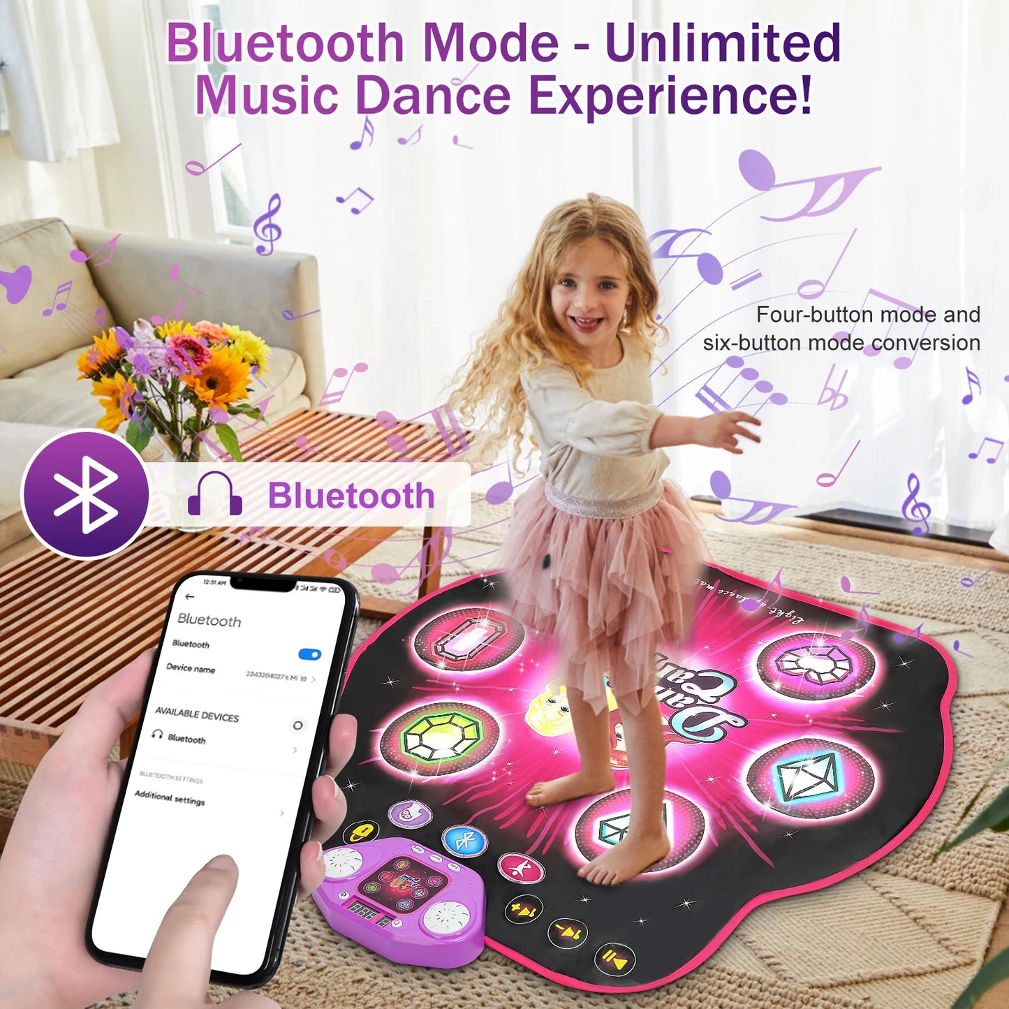Outdoor Dance Mat, 27 Levels, 6 LED Keys Light Up, Bluetooth, Ages 3~8 Years Old