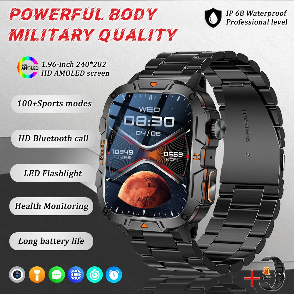 Military Grade Smart Watch Men, 1.96" AMOLED Screen, 5ATM Waterproof Sports Fitness Tracker