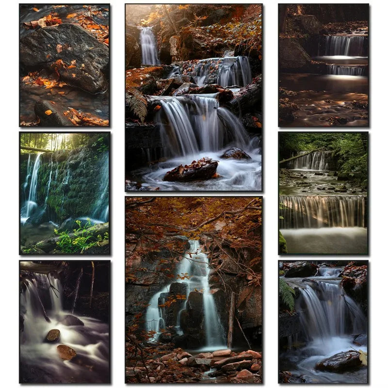Waterfall Landscape Canvas Print, Forest Rock Nature Serenity Wall Art, Sunlight Peaceful Tranquil Scenery
