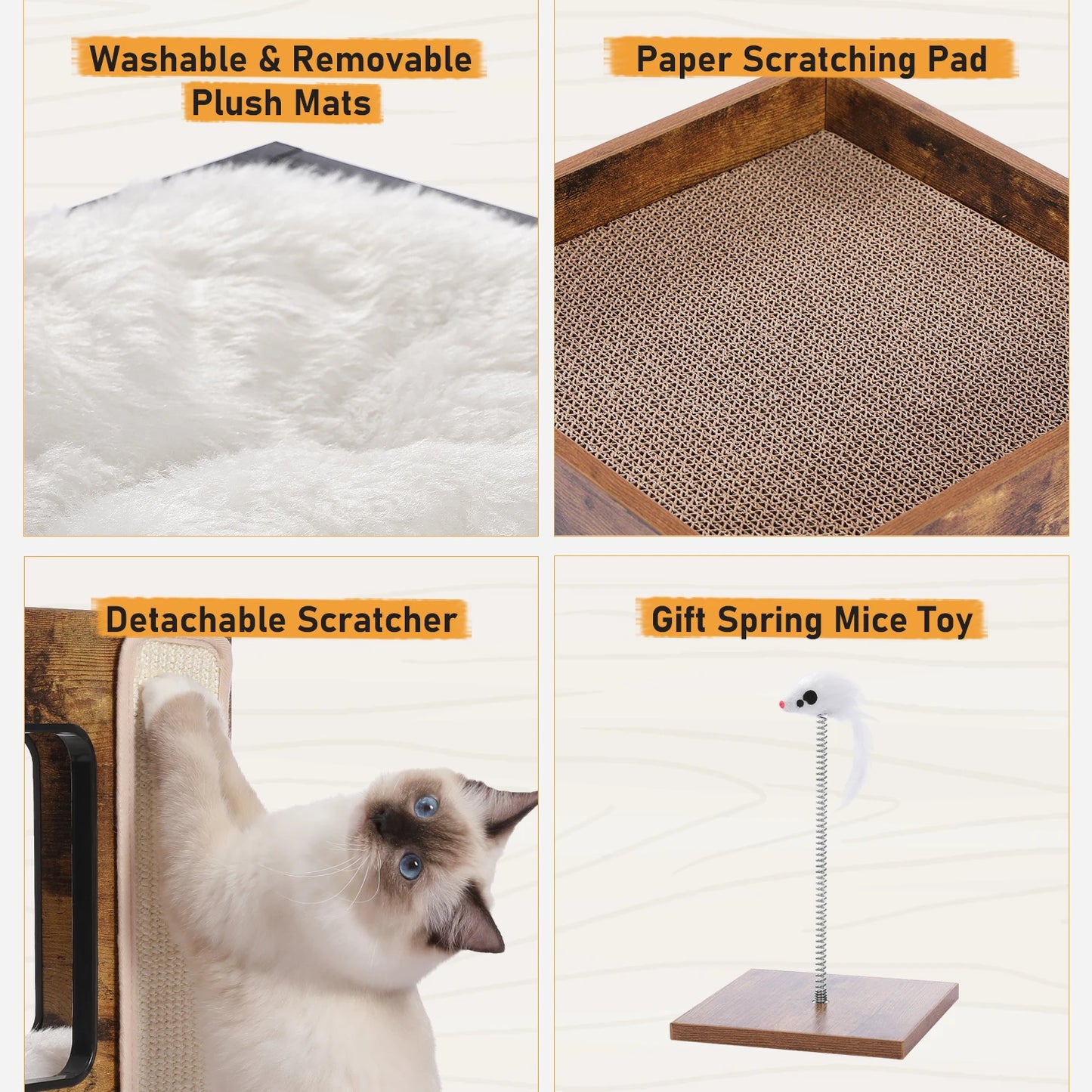 Cat Bed with Two Large Condos, Detachable Scratching Pad, Wooden with Plush Mats