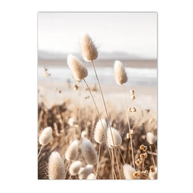 Sunset Sea Lake Boat Bridge Canvas Painting, Seagull Beach Poster, Beige Leaf Reed Wall Art Print