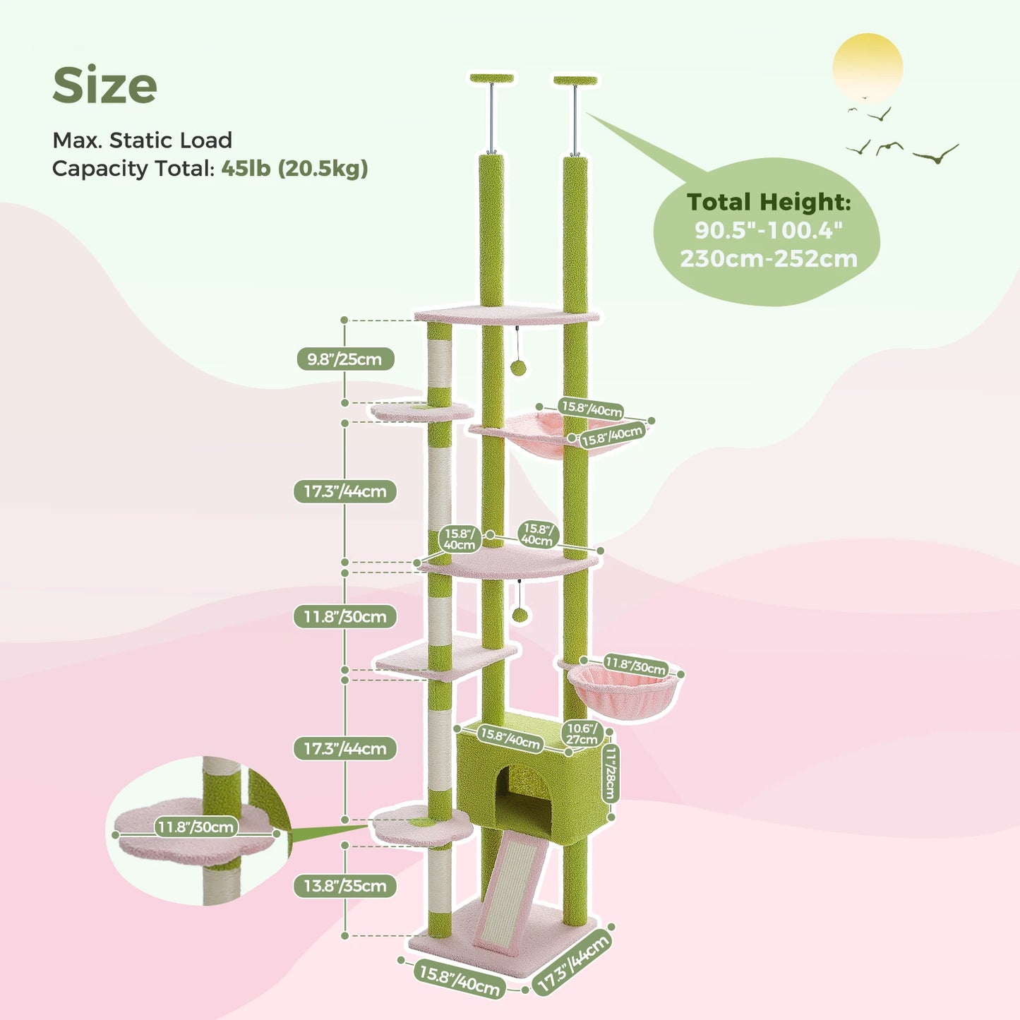 Cactus Cat Tree, Floor/Ceiling Tower, Adjustable Height, Condo Cozy Hammock, Scratching Post