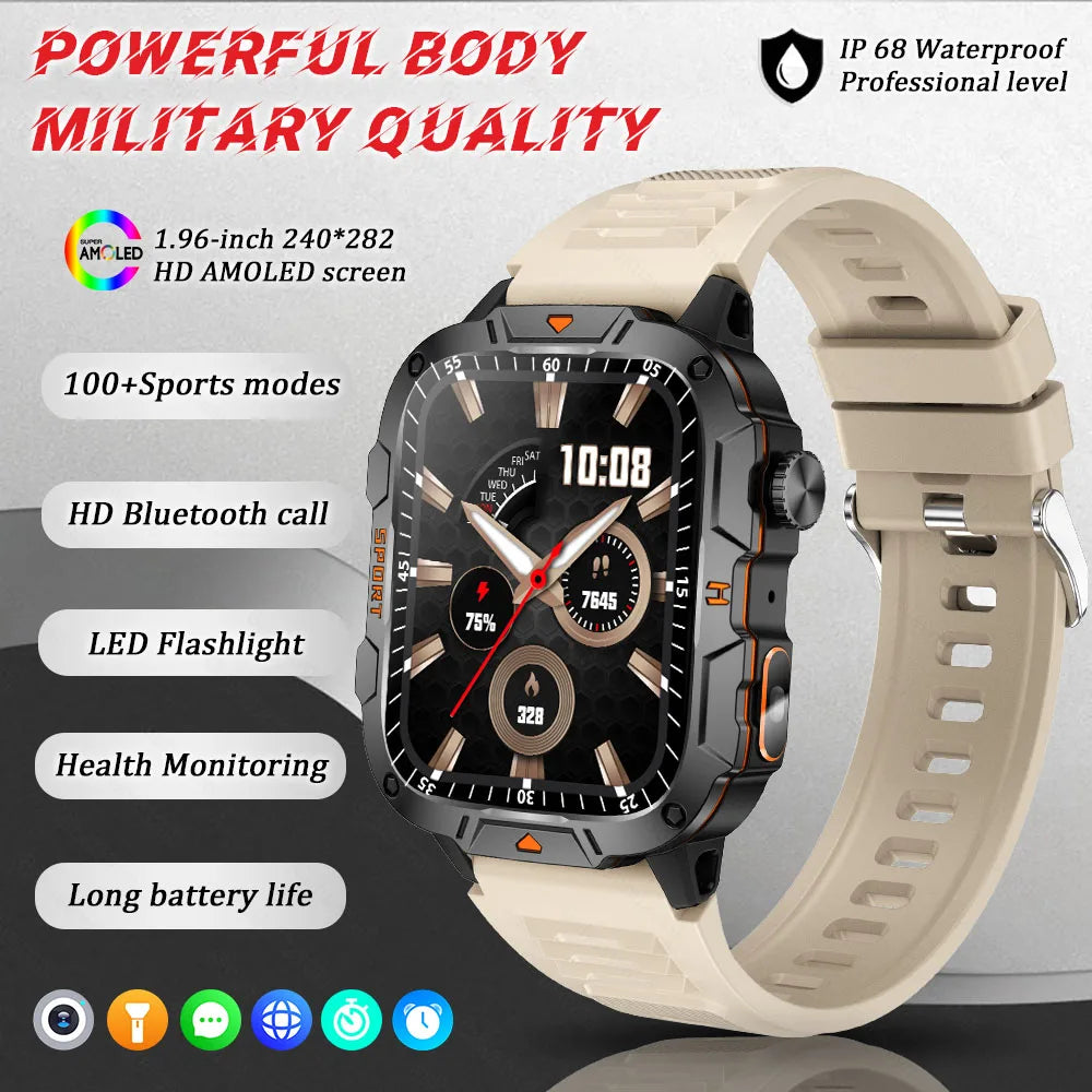 Military Grade Smart Watch Men, 1.96" AMOLED Screen, 5ATM Waterproof Sports Fitness Tracker