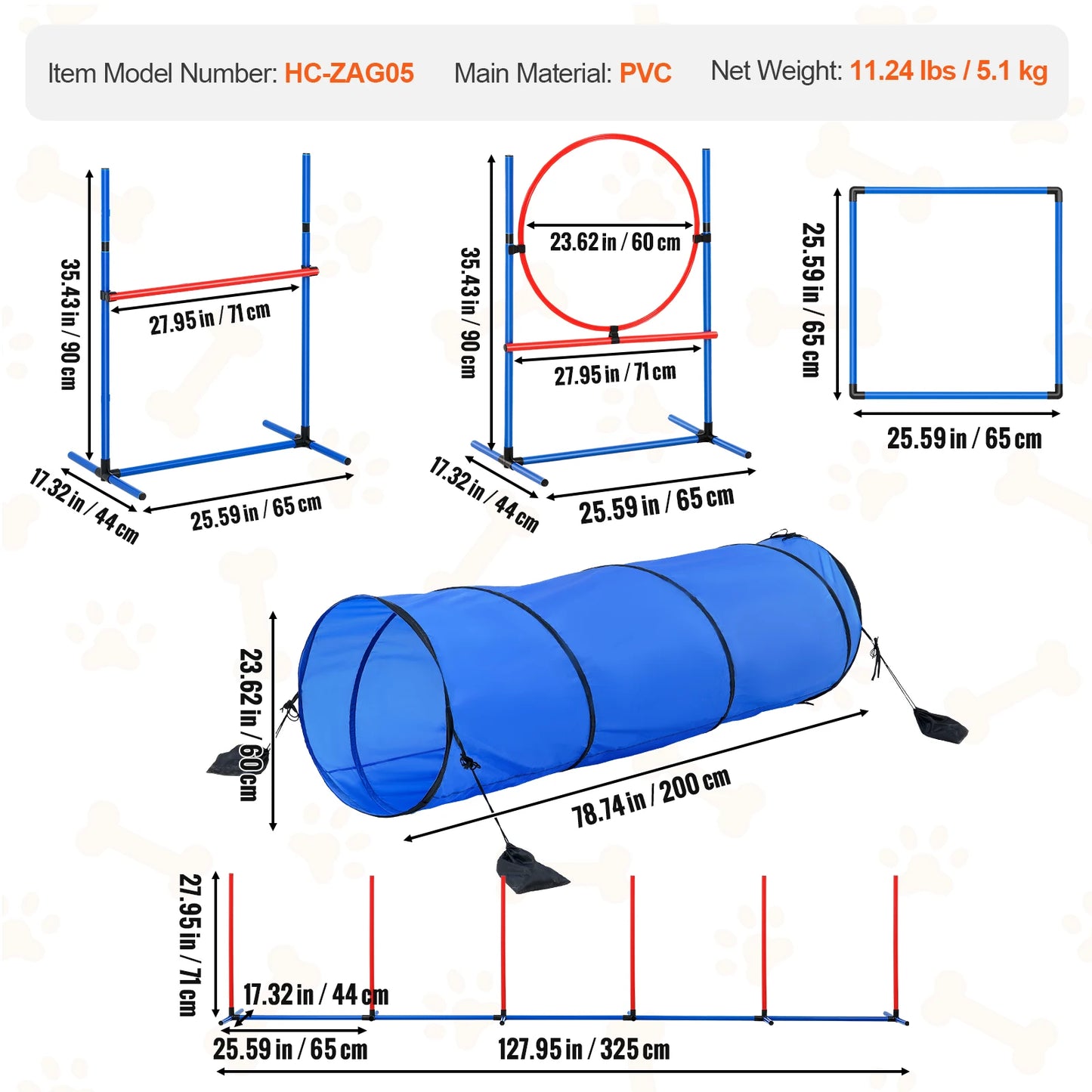 Dog Agility Training Equipment, Adjustable Hurdles, Extend Tunnel, Storage Bag