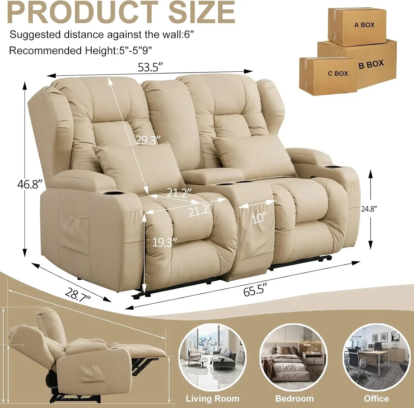 65.5" RV Loveseat Double Recliner Sofa & Console, Home Theater Seating