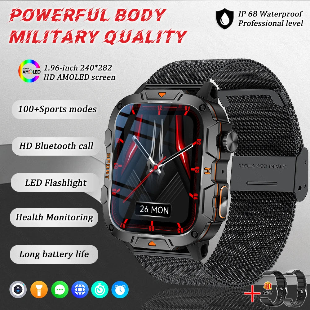 Military Grade Smart Watch Men, 1.96" AMOLED Screen, 5ATM Waterproof Sports Fitness Tracker