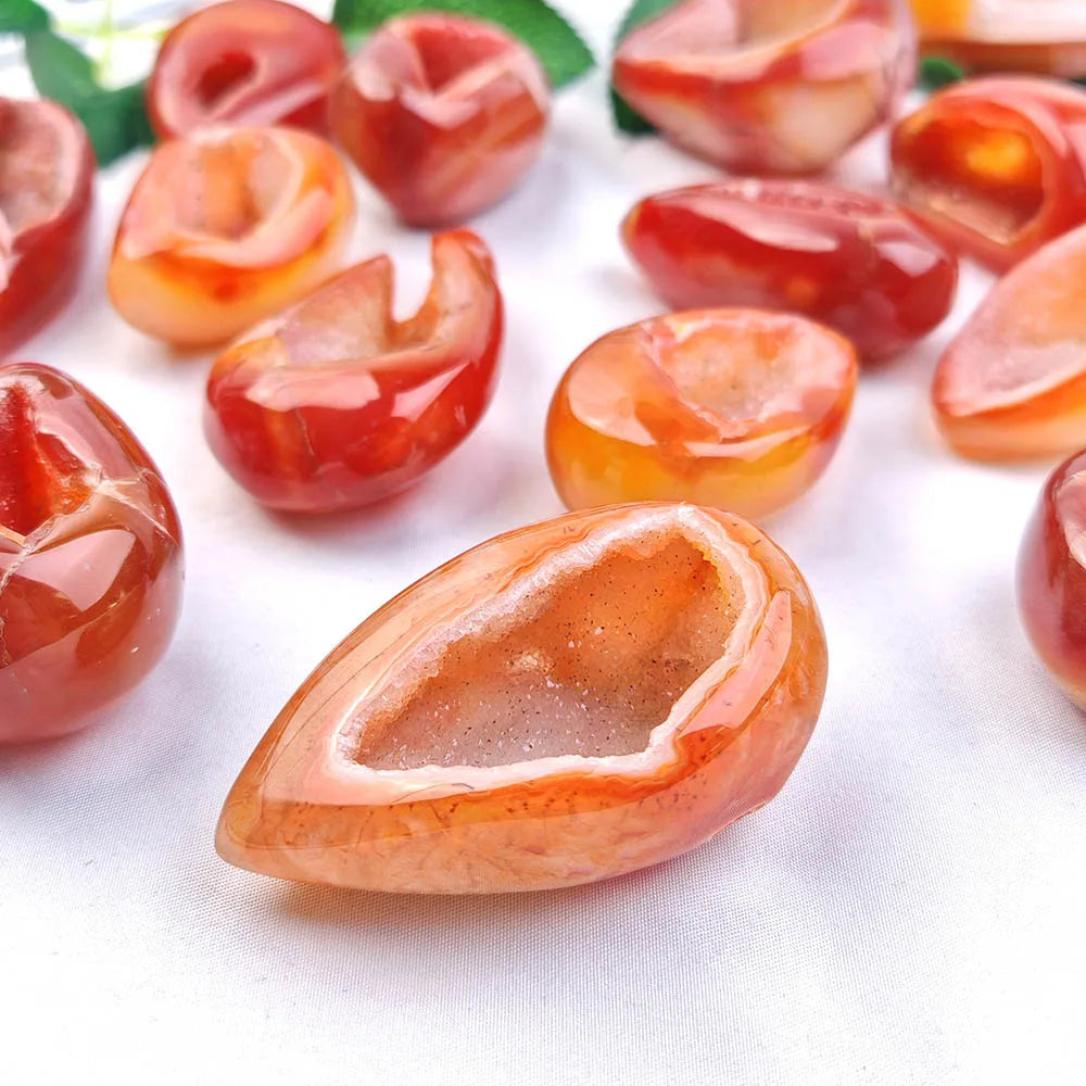 Natural Carnelian Geode Egg Gemstone, Red Agate Mineral Cavern Design