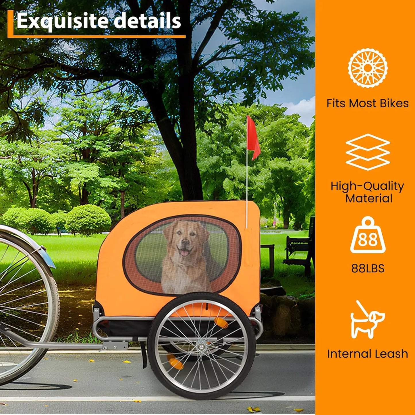 Large Dog Bike Trailer 88Lbs Capacity Foldable Oxford Fabric Universal Coupler with Quick Release Wheels