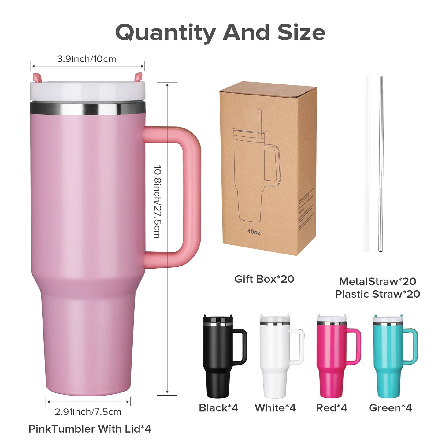 20 Pack, 40 OZ Insulated Tumbler, Detachable Handle, Lid, Straw, Mixed Color, Laser Engraved