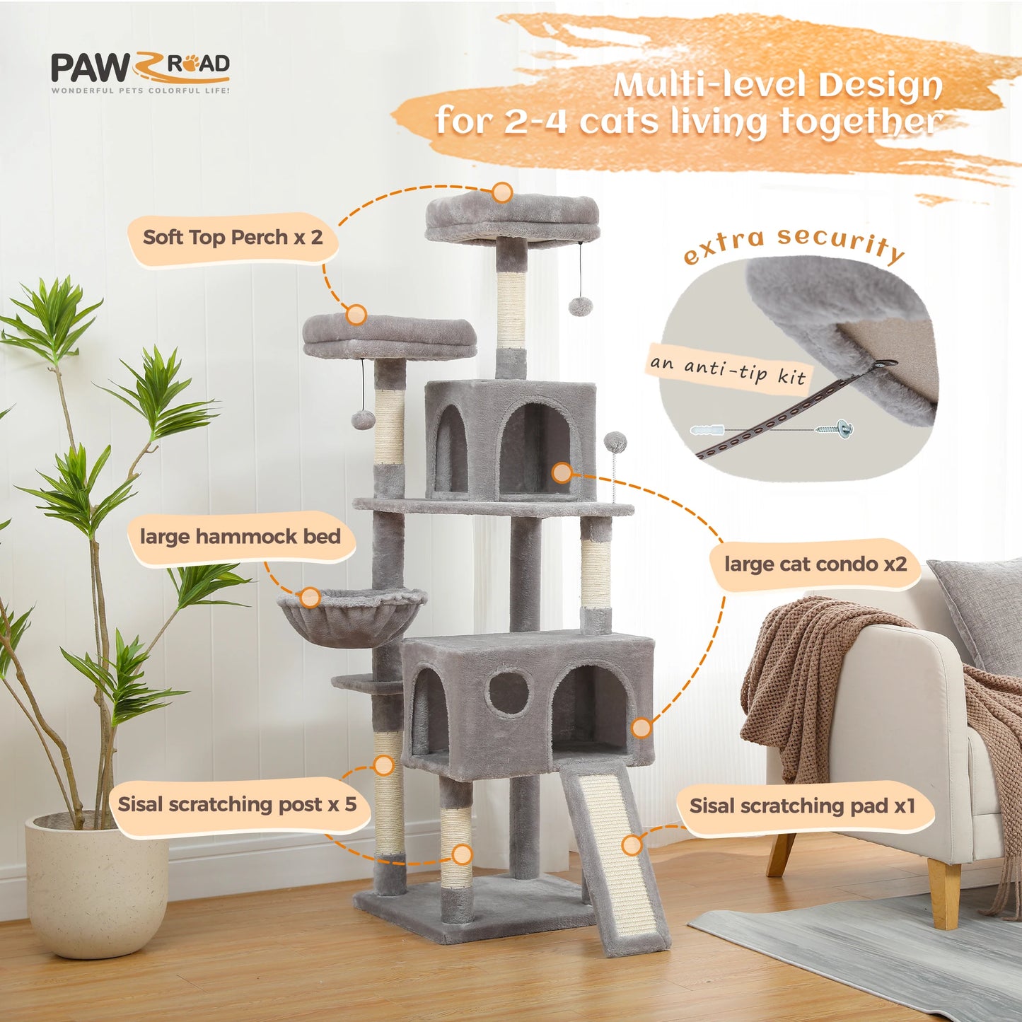 Multi-Level Tree for Cats, Large, Comfortable Condo, Stable Climbing Frame, Scratch Board