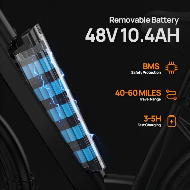 Peak 750W E26 Electric Bike, 26x2" Commuter Tires, 48V 10.4Ah Removable Battery, 20MPH Speed, 7-Speeds, LCD Display