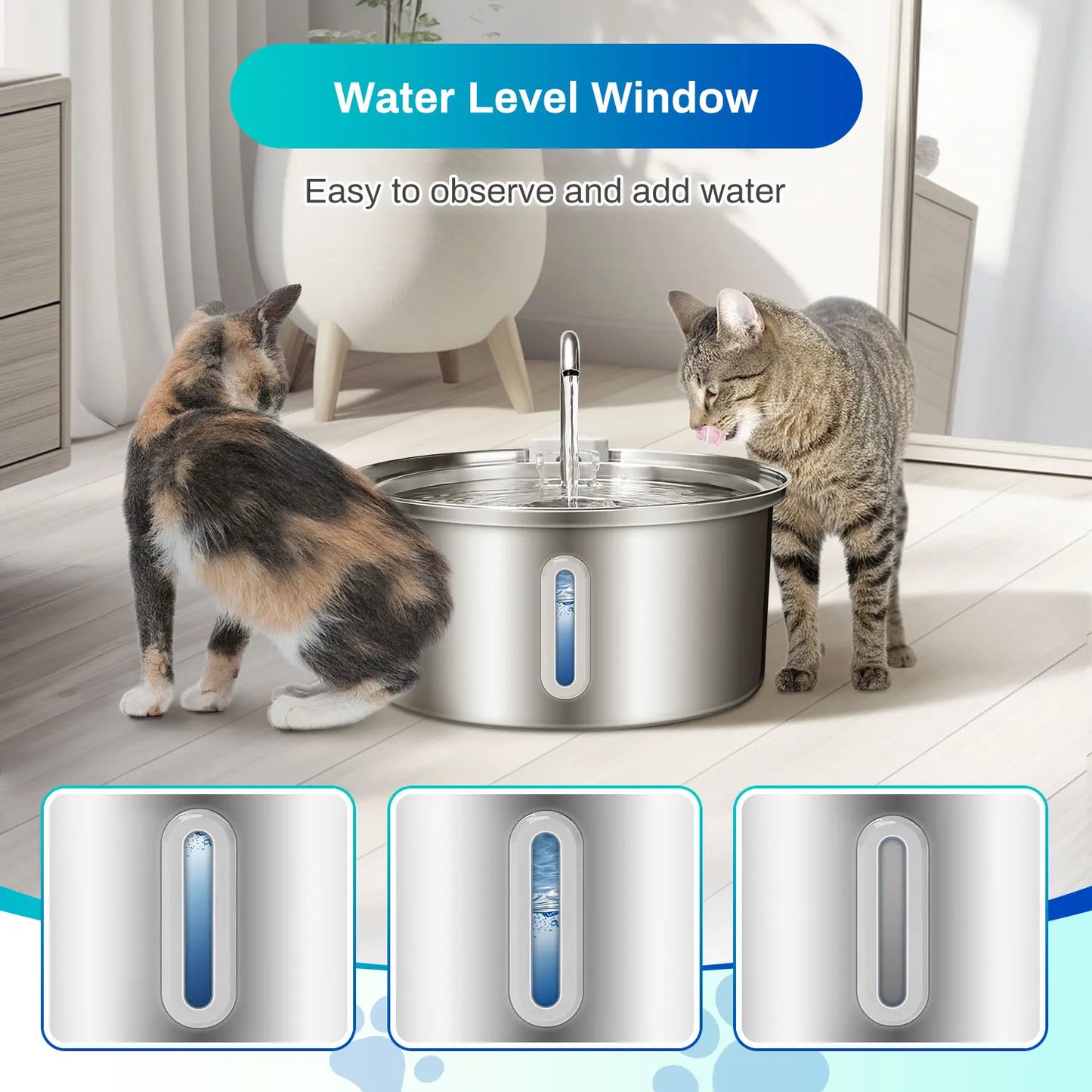 Water Fountain Stainless Steel, 108oz/3.2L, Ultra Quiet Pump, Filtration System, Water Level Window
