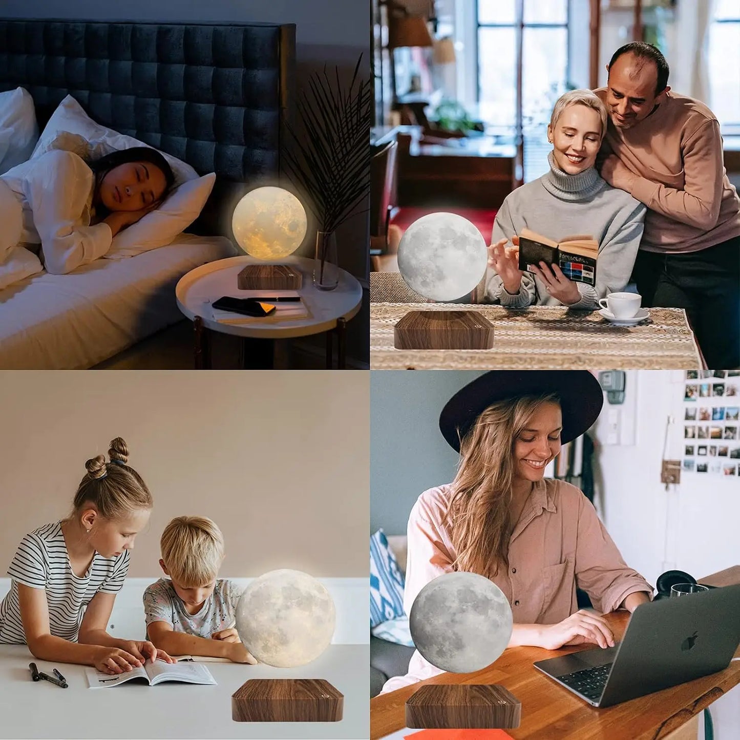 Magnetic Floating Rotating Moon Lamp, Wooden Base, 3 Color Temperature LED Night Lights