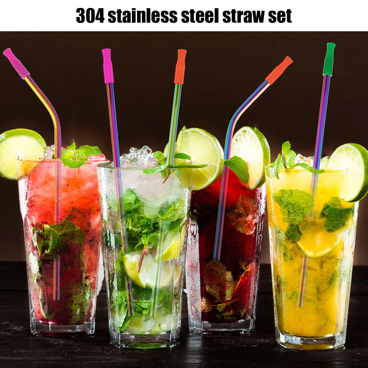 Stainless Steel, Colored Straws, Silicone Tips, Reusable
