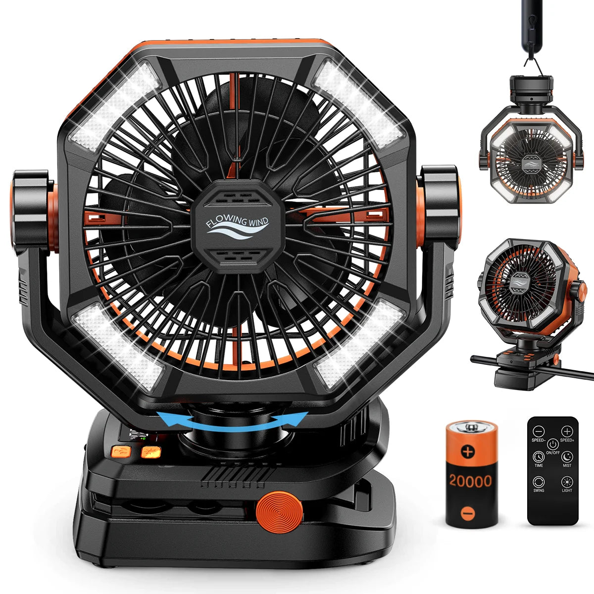 20000mAh Battery Outdoor/Indoor Camping Fan, 4 LED Lantern, 8 Speeds, Portable, Desk/Tent/RV