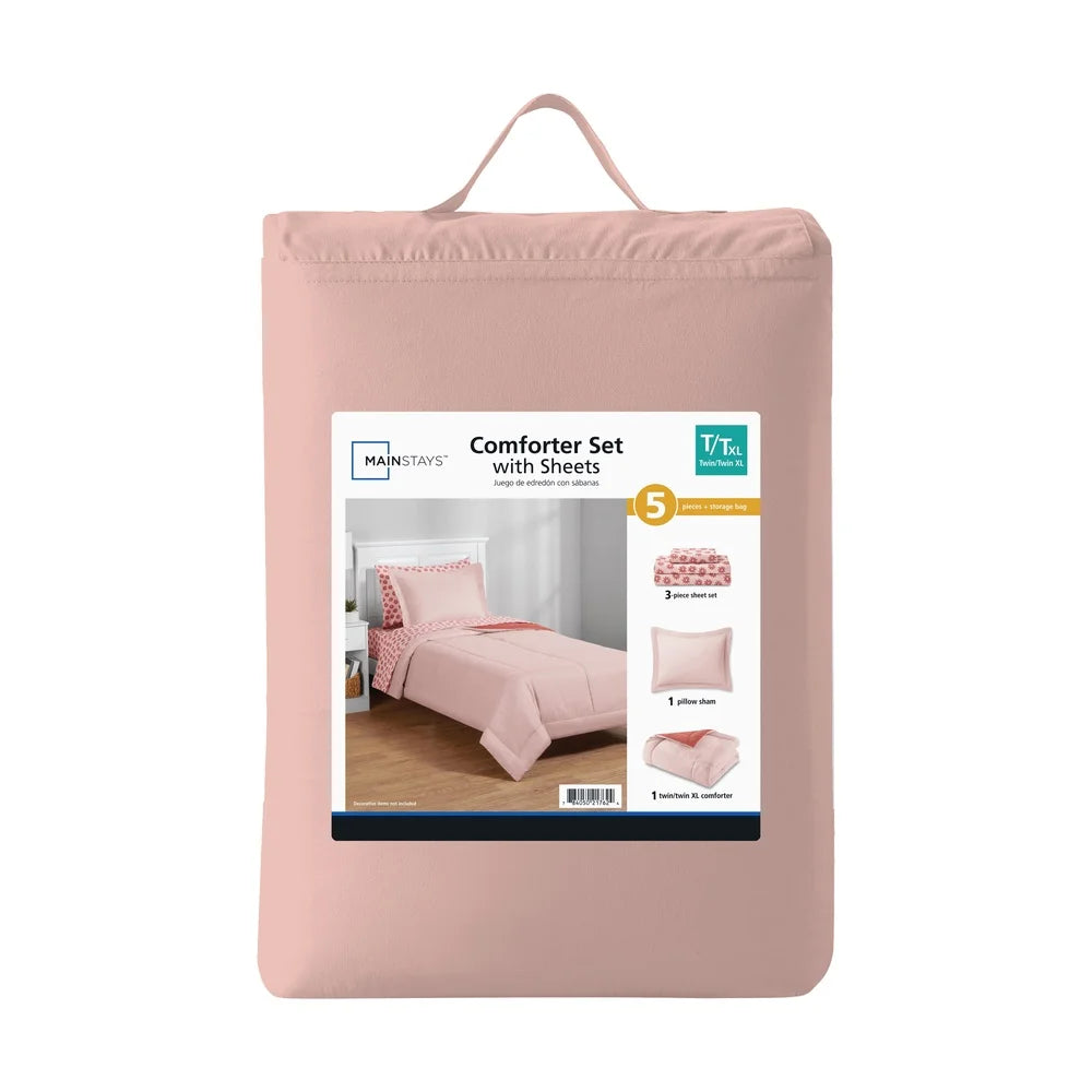 5-Piece Twin XL Reversible Bed in a Bag Comforter Set, Sheets, Soft Pink Red Canyon