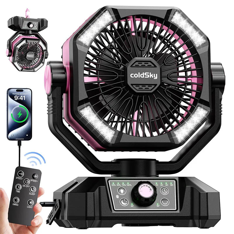 20000mAh Battery Outdoor/Indoor Camping Fan, 4 LED Lantern, 8 Speeds, Portable, Desk/Tent/RV