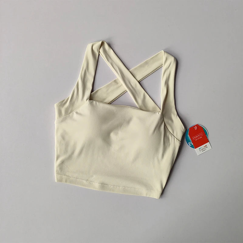 Seamless Cross Back Sports Bra, Wide Shoulder Straps, Shock-absorbing, Yoga Vest Top