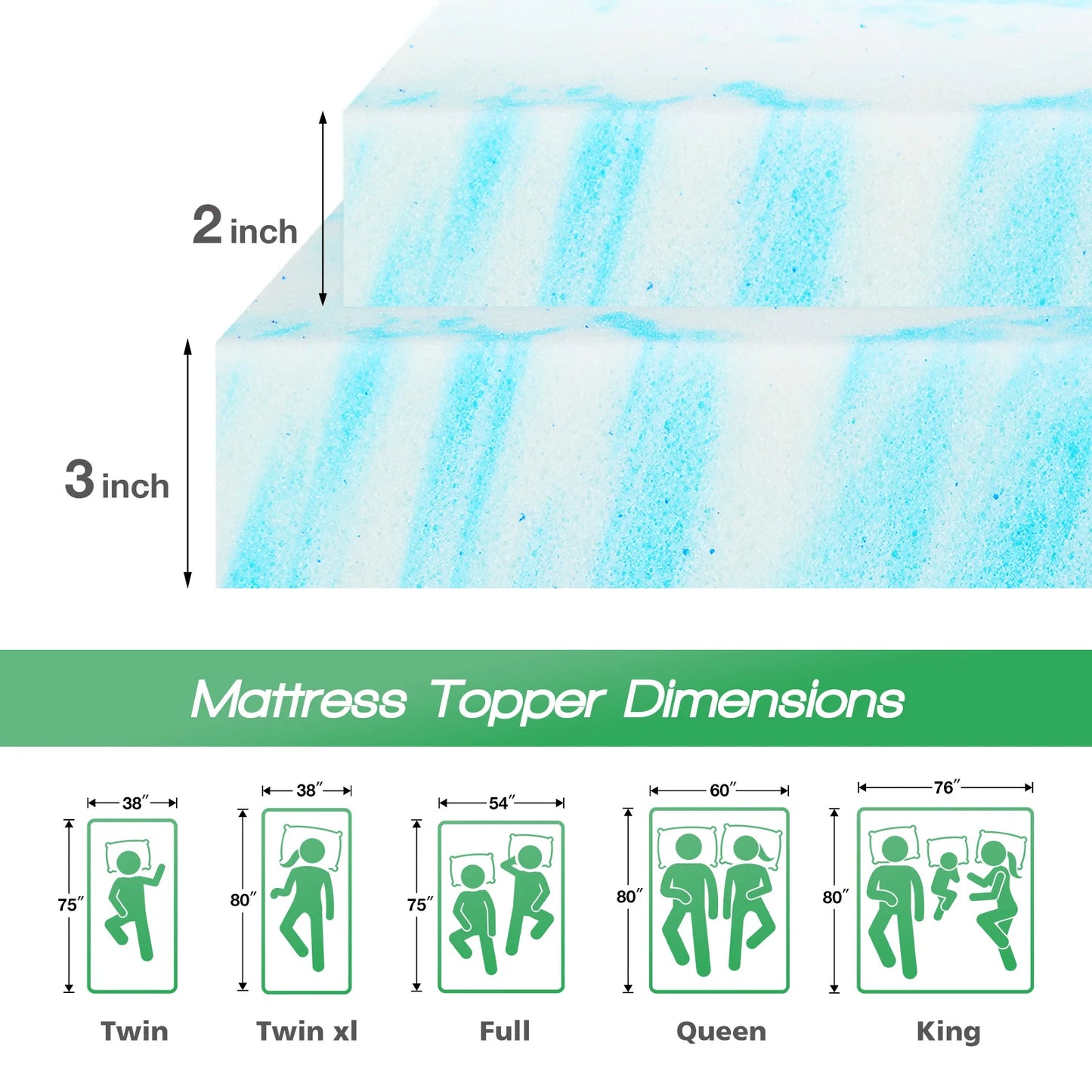 2-3 Inch Gel Memory Foam Mattress Topper, Cooling, Soft, Breathable