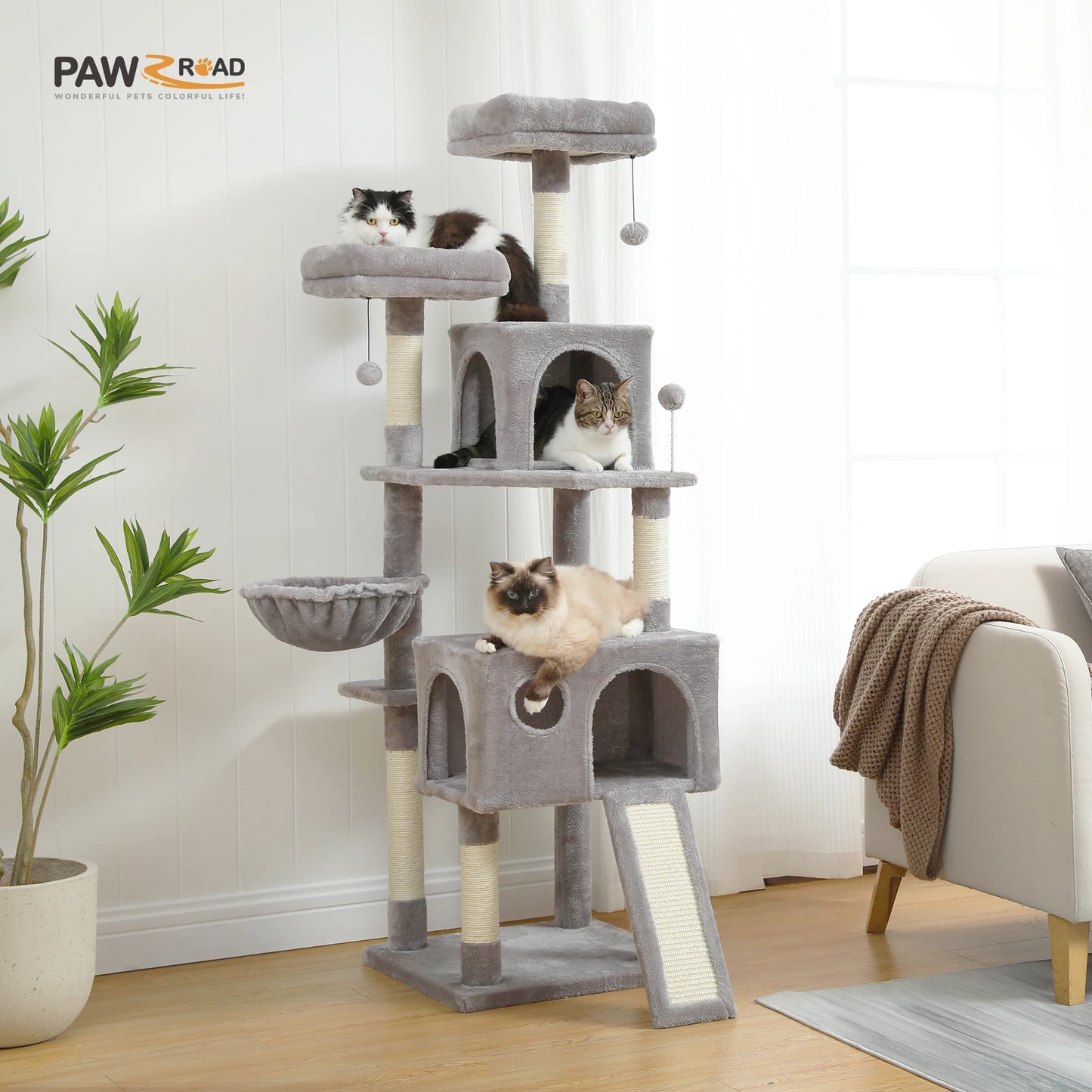 Multi-Level Tree for Cats, Large, Comfortable Condo, Stable Climbing Frame, Scratch Board