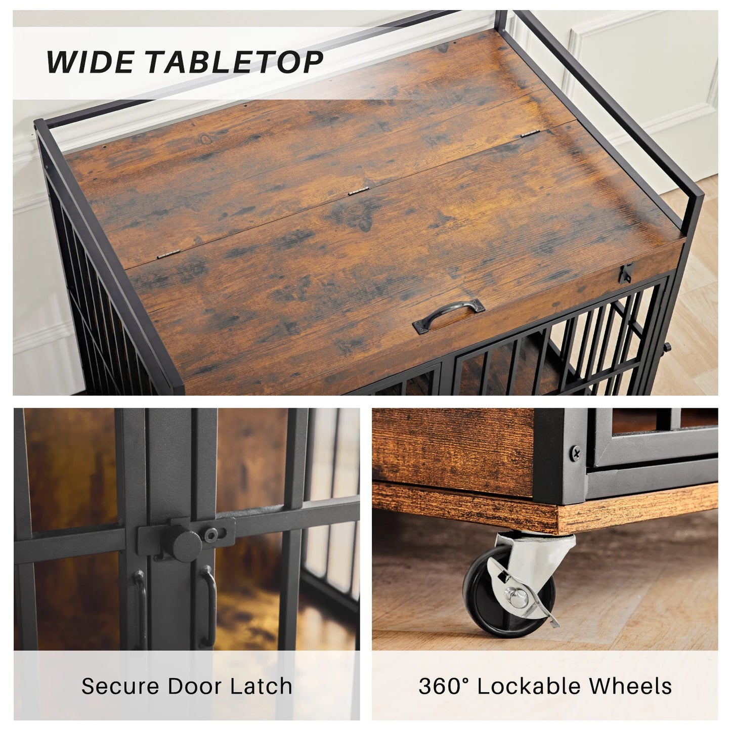 End Table Dog Kennel with Wheels, Feeder Bowls