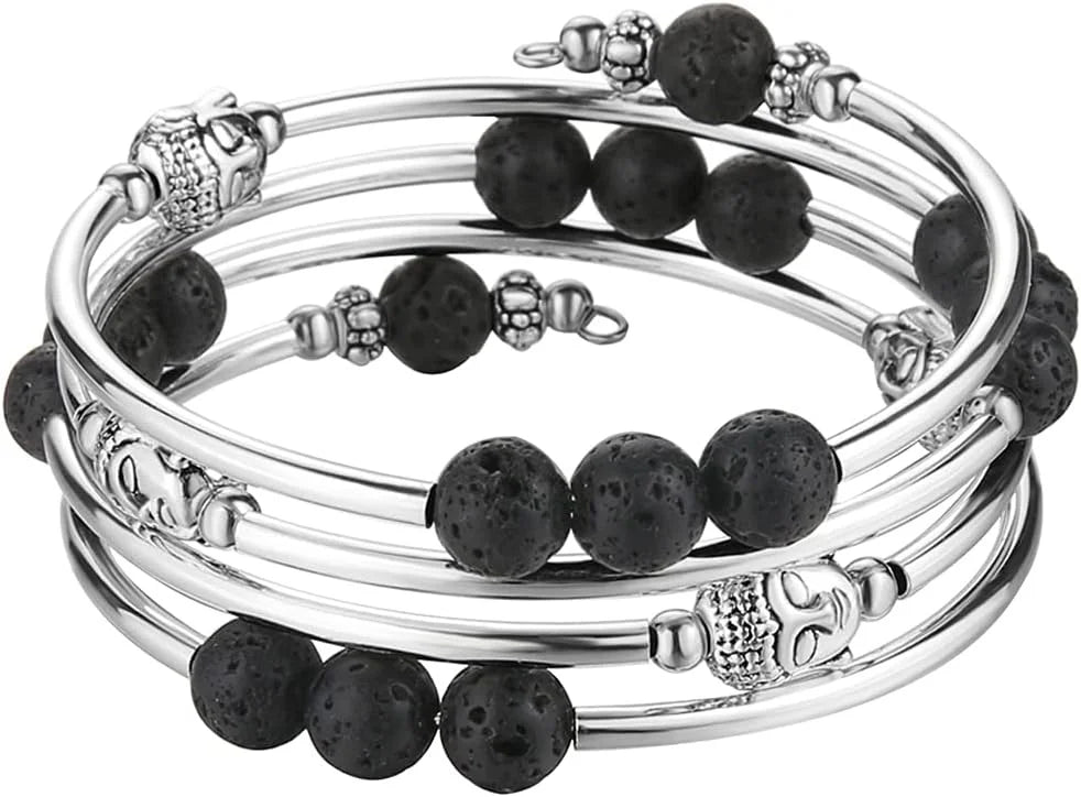 Beaded Chakra Bangle Turquoise Bracelet , Thick Silver Metal and Mala Beads