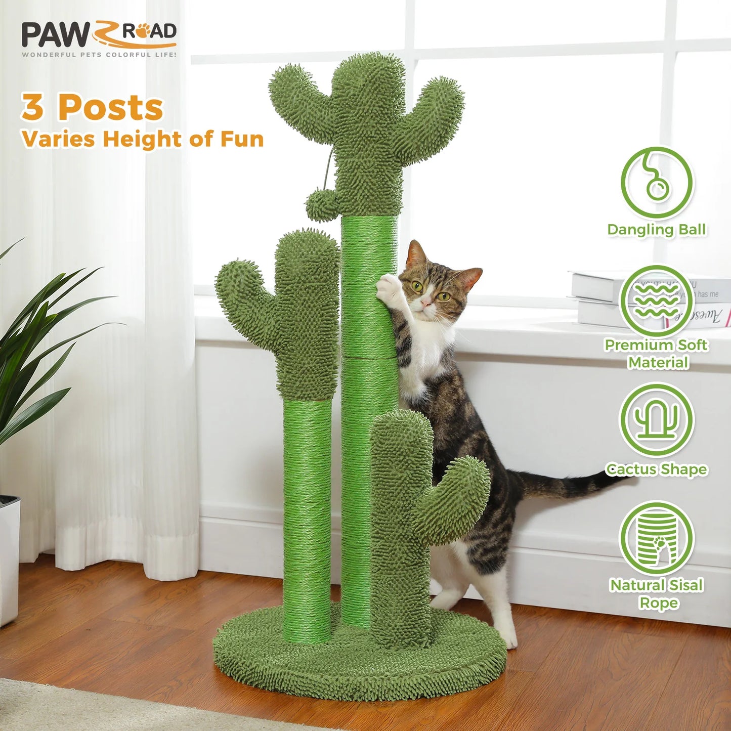 Cat Scratching Post with 3 Natural Scratching Poles and Interactive Dangling Ball