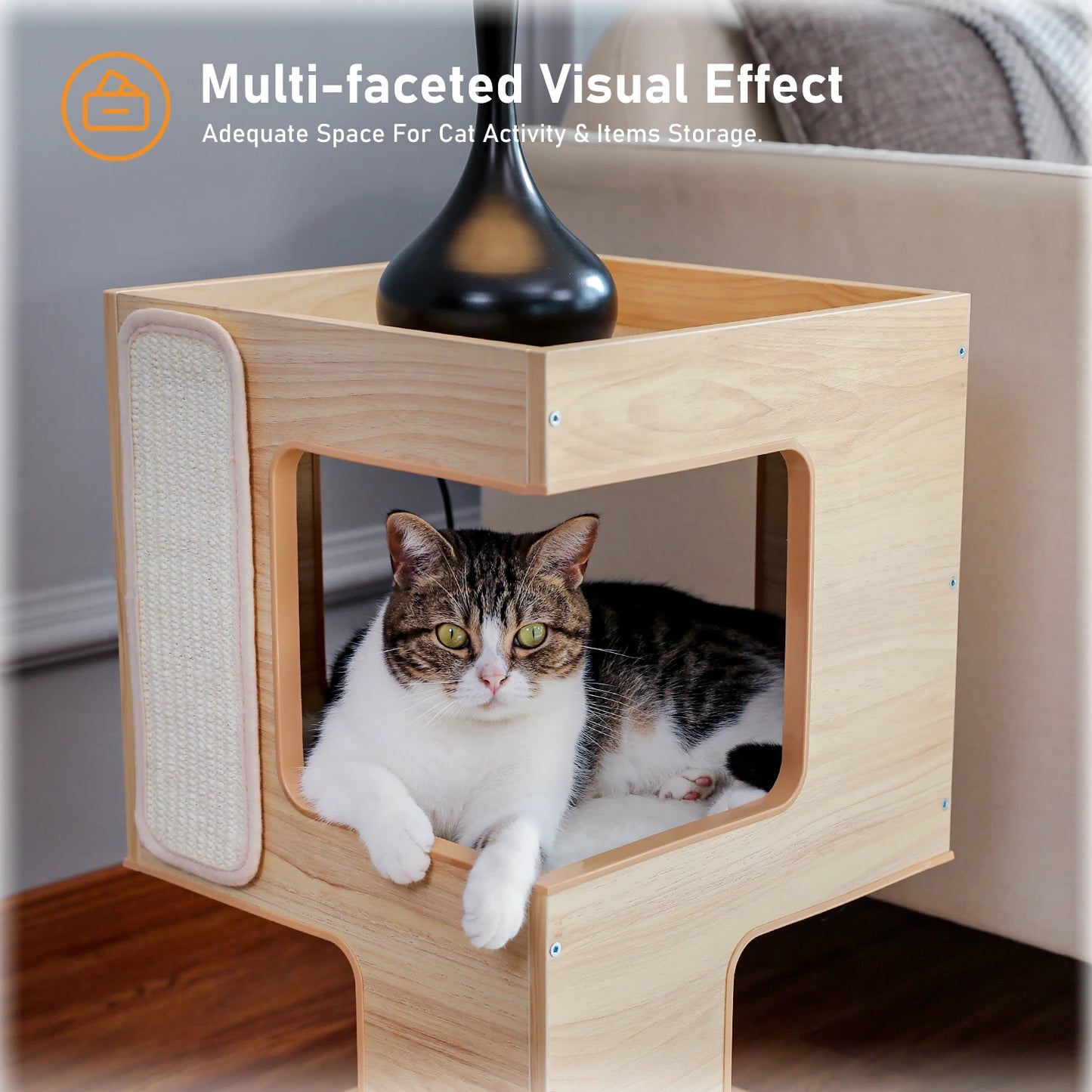 Cat Bed with Two Large Condos, Detachable Scratching Pad, Wooden with Plush Mats