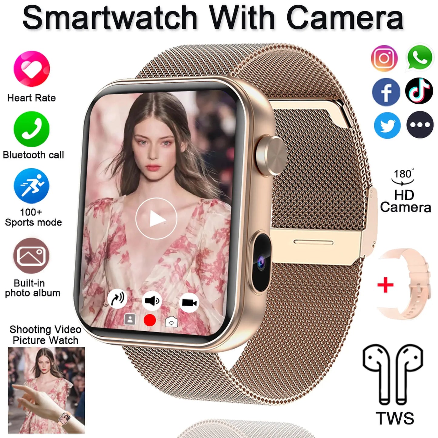 Smart Watch Women/Men, Camera, Heart Rate, Sports Fitness, Waterproof, Bluetooth For Android iOS