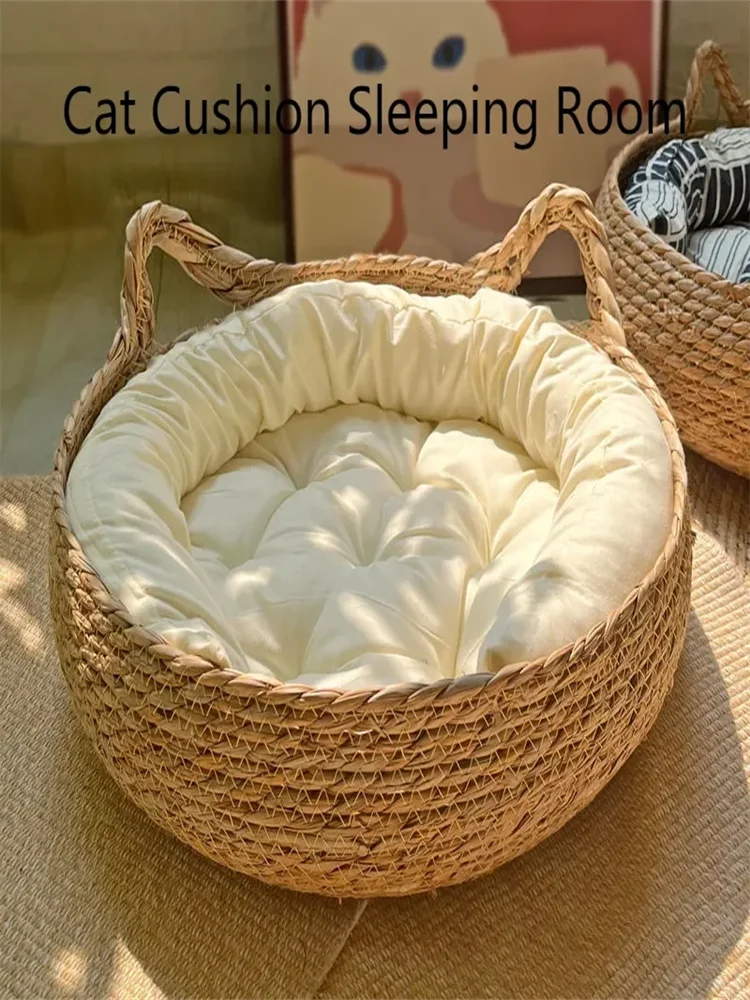Pure Hand-Woven Rattan Cat Nest, Universal Warm Pad, Removable, Washable
