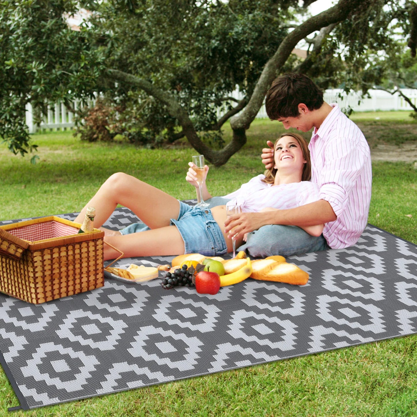Outdoor, Plastic Straw Rug, Modern Geometric, Waterproof, Reversible Floor Mat