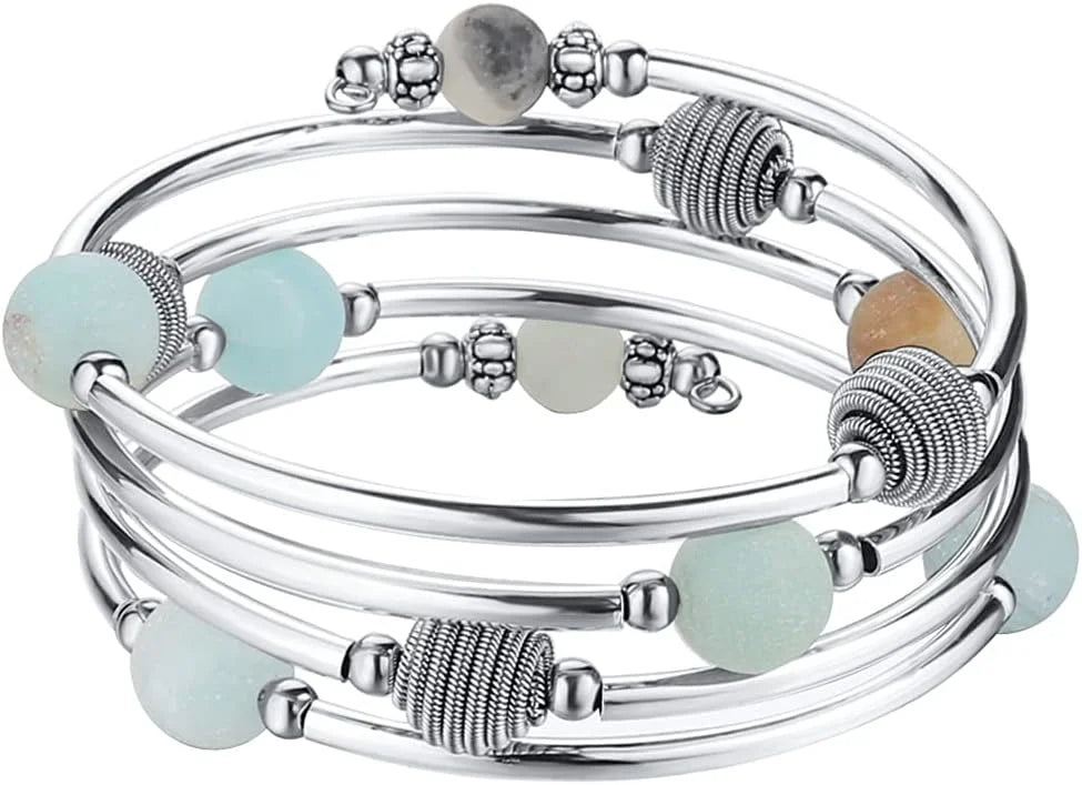 Beaded Chakra Bangle Turquoise Bracelet , Thick Silver Metal and Mala Beads