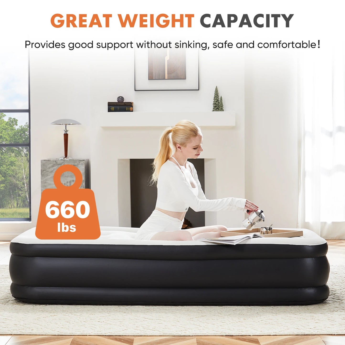 Queen/Twin Size Air Mattress, Blow-Up, Double Height, Non-Slip Bottom, Home or Camping