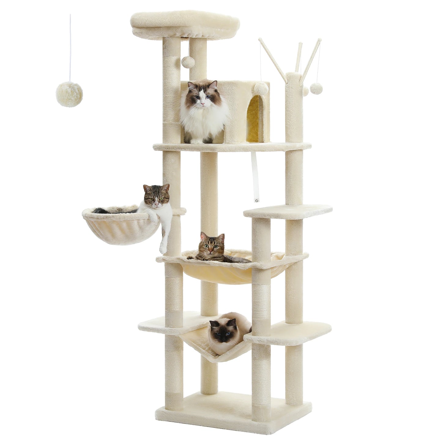 Tall Cat Tower for Indoor Cats, Multi-Level Plush Condo with Scratching Posts, Perches, Caves