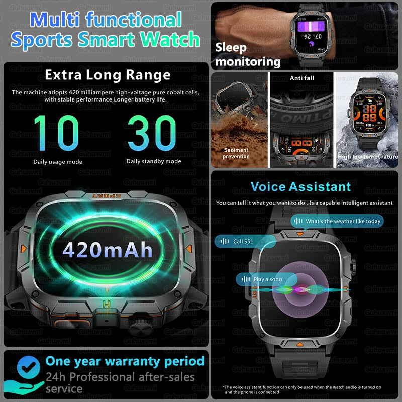 Military Grade Smart Watch Men, 1.96" AMOLED Screen, 5ATM Waterproof Sports Fitness Tracker