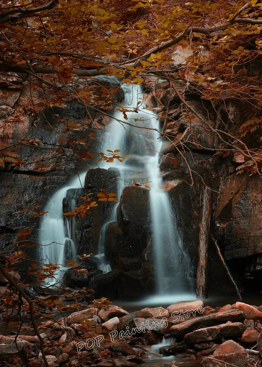 Waterfall Landscape Canvas Print, Forest Rock Nature Serenity Wall Art, Sunlight Peaceful Tranquil Scenery