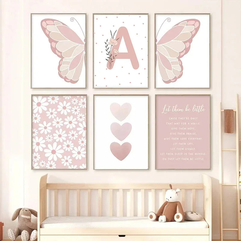 Pink Butterfly Wall Art Nursery, Canvas Prints, Painting, Sun/Rainbow/Daisy/Heart Posters