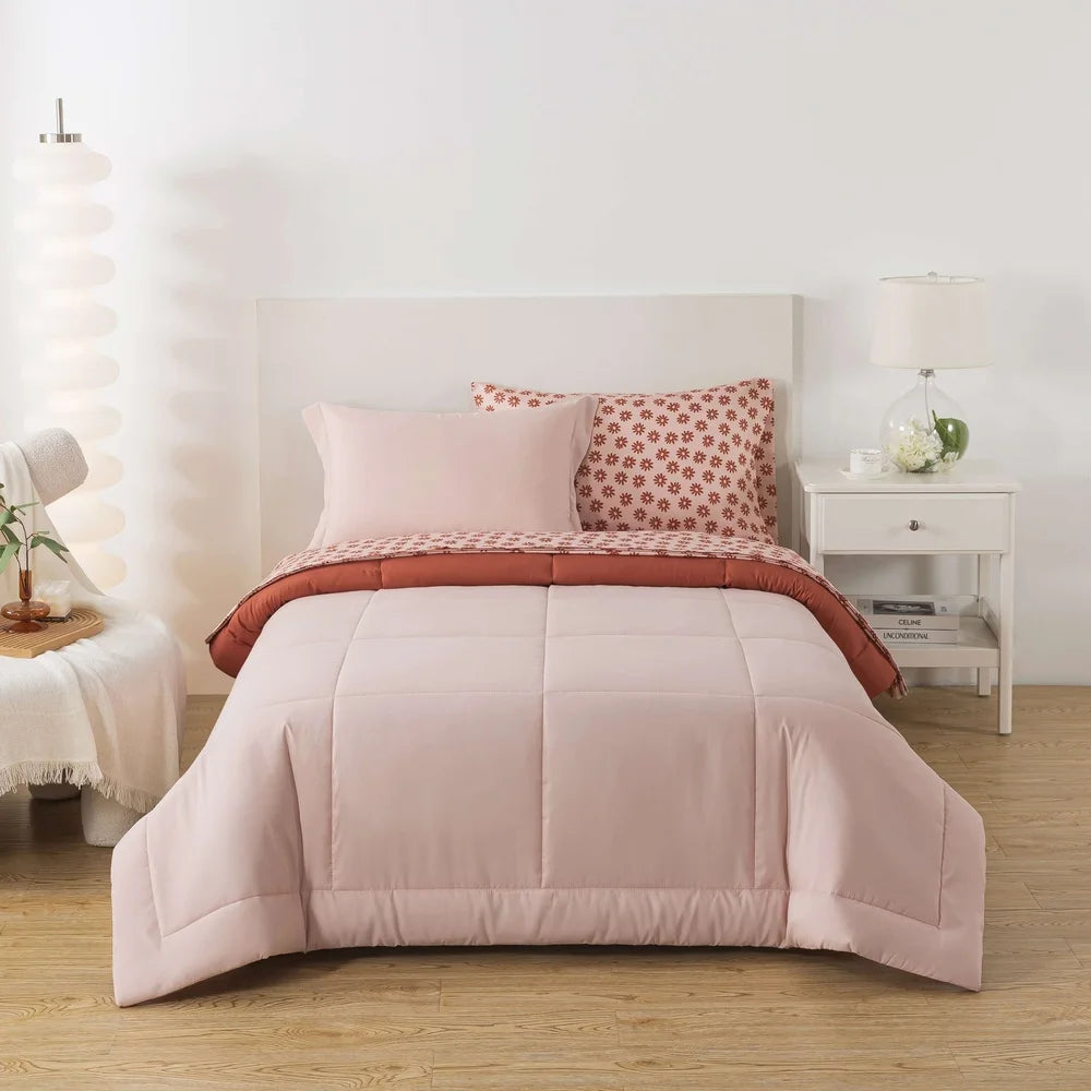5-Piece Twin XL Reversible Bed in a Bag Comforter Set, Sheets, Soft Pink Red Canyon