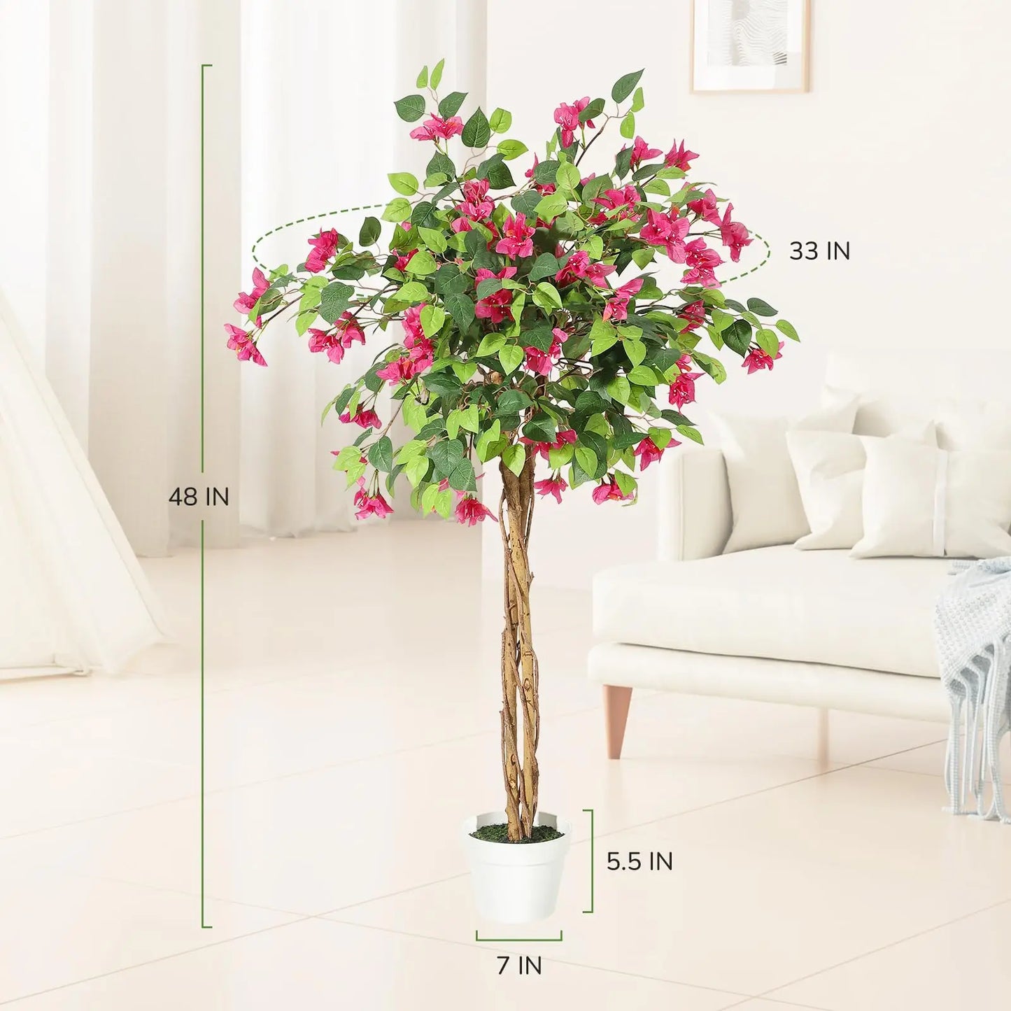 Artificial Bougainvillea Flower Tree, Indoor, White Pot, Home Decoration