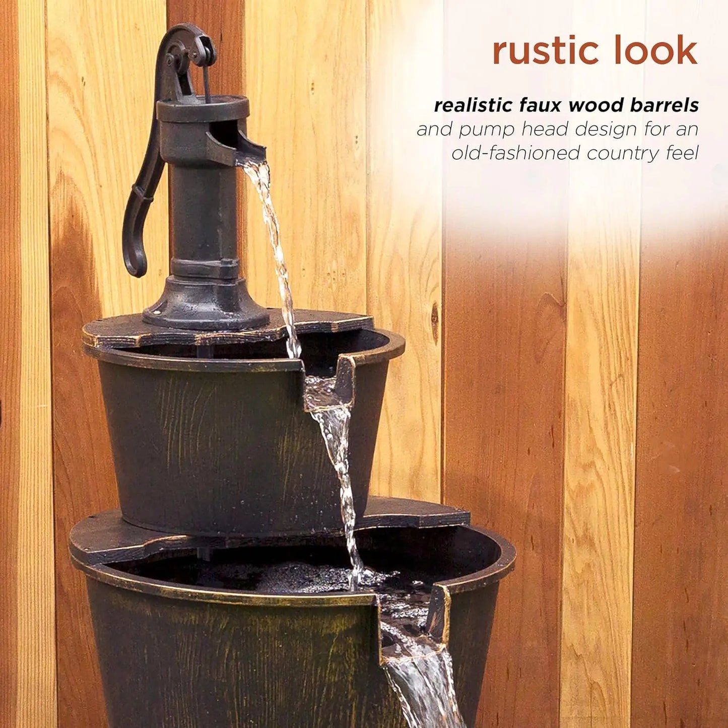Outdoor Floor Tiered Rustic Pump And Barrel Water Fountain, Old-Fashioned Waterfall, 40", Brown
