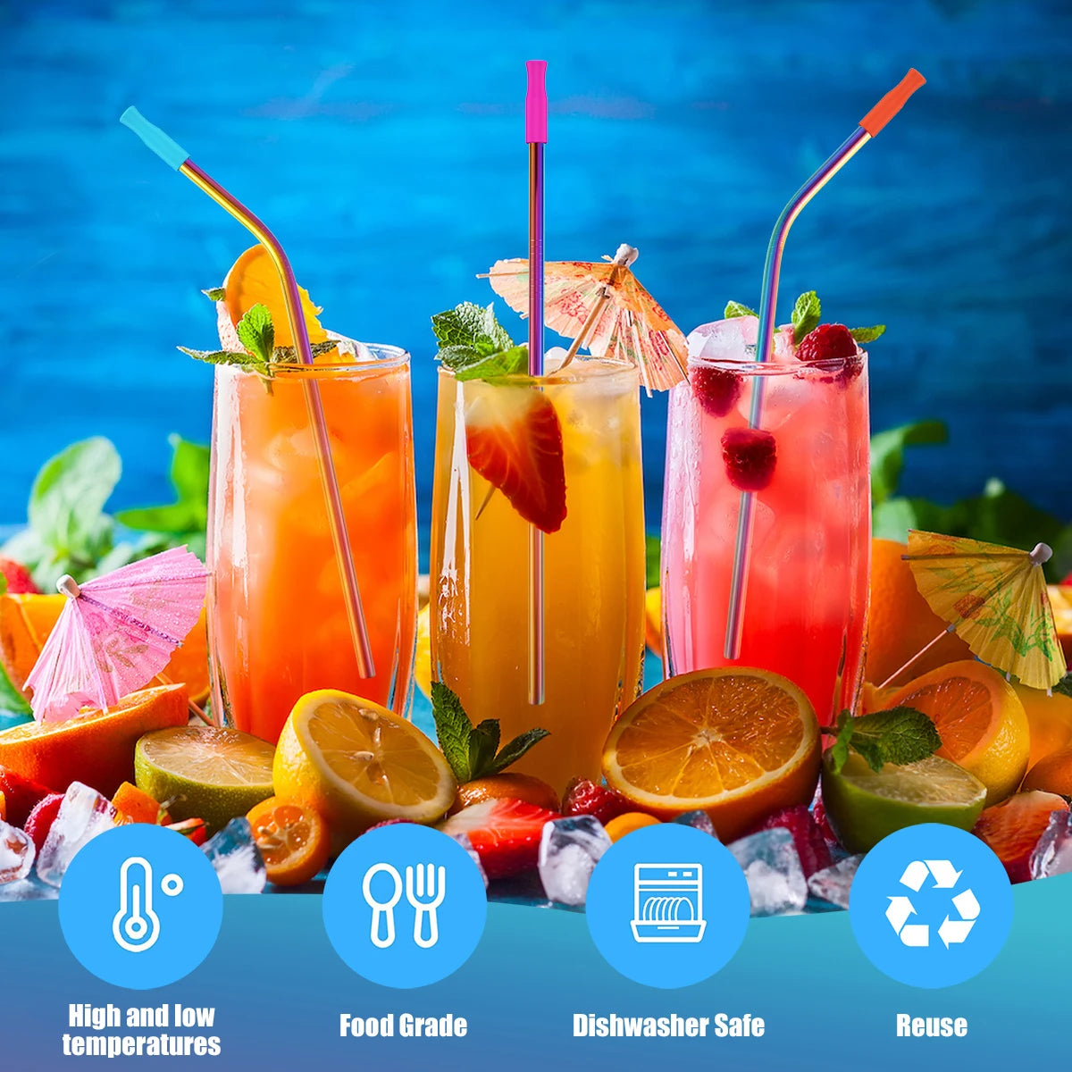 Stainless Steel, Colored Straws, Silicone Tips, Reusable