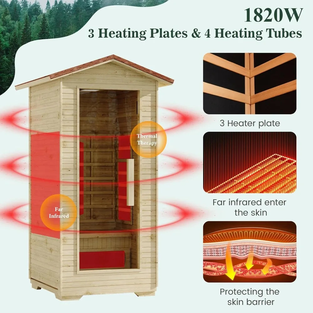 1-Person Outdoor Infrared Wooden Sauna, 3-D Fast Heating Home Spa, Chromotherapy Light