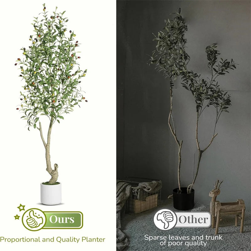 2 Pack Faux Olive Tree Tall, Artificial, Indoor, White Planter, Green Moss