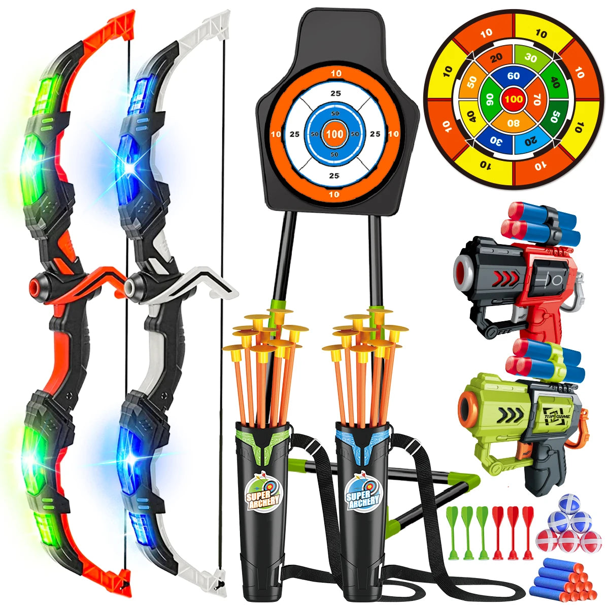 2X Bow Arrow + Guns, Toy For Kids, LED Light Up Archery, Suction Cup, Stand, Dart Board
