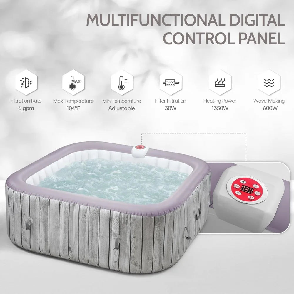 Inflatable Square Hot Tub Spa Set, Outdoor Bubble Massage, Portable, 4-6 Person, 130 Soothing Jets,