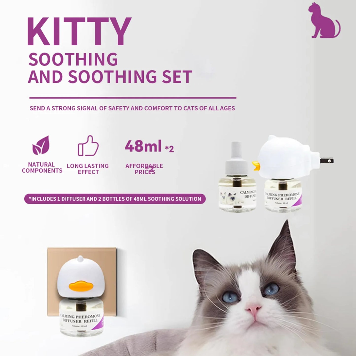 Pet Calming Diffuser, 3-in-1 Stress Relief Pheromones, Anxiety & Aggression Reducer, 1 Diffuser 2 Refill