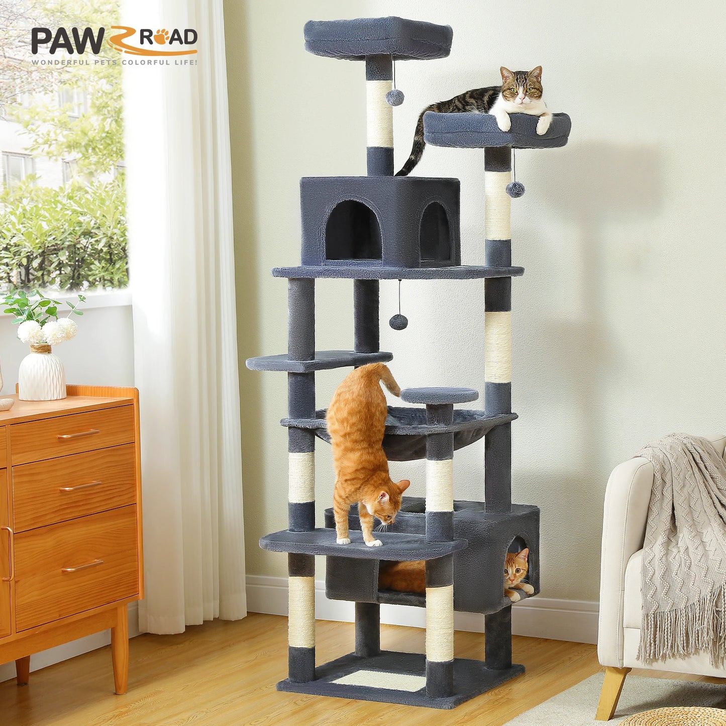 Large Cat Tree/Tower, Indoor, Sisal-Covered Scratching Posts, Spacious Hammock, Padded Perches